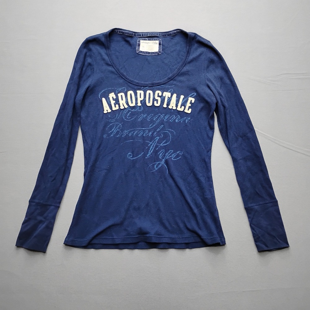Aeropostale Womens XL Blue Waffle Knit Long Sleeve Graphic Top Y2K
